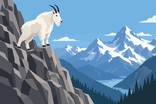 Majestic Mountain Goat Standing on Rocky Cliff Overlooking Snowy Peaks.