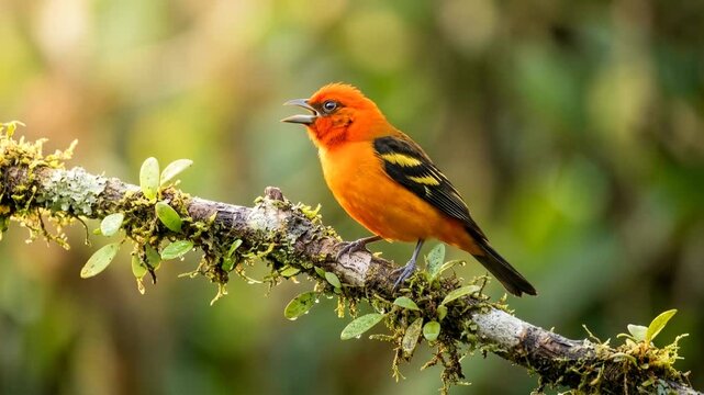orange tanager close up at morning light in costa rica video