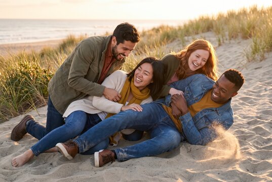 Diverse friends laughing piled playfully together on sandy beach dunes