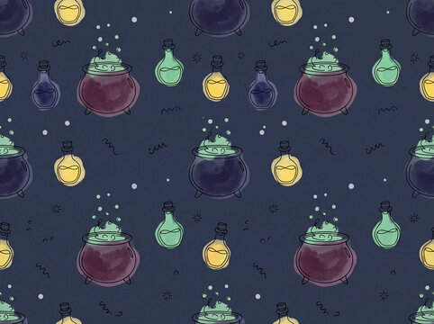 Witch cauldron and magic potion bottle seamless pattern on dark background, generative AI