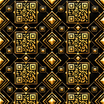 Seamless Luxury QR Code Pattern Made From Elegant Metallic Geometric Shapes, Deep Black Background, Soft Studio Lighting, High-End Branding Style and Precise Symmetrical Arrangement.