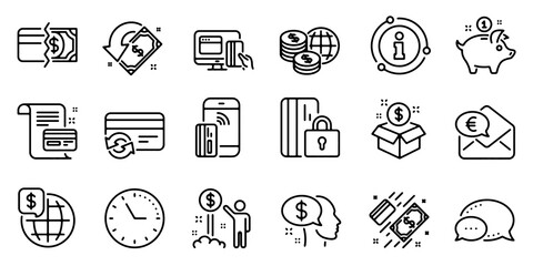 Fototapeta premium Money Payment Line Icons Set. Banking, Credit Card, Cash, Money Transfer and Piggy Bank. Vector Illustration.