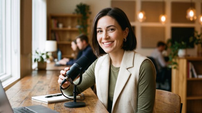 Woman adjusting microphone at table during warm indoor recording session, smiling beside keyboard and audio equipment in modern creative workspace with natural light