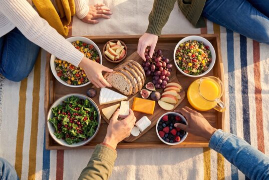 Overhead view of beach picnic spread with salads bread cheese and fruit