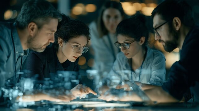 Innovative startup founders design business strategies in a collaborative workspace at night