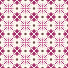 Seamless magenta pink and brown floral tile pattern background Vintage ornamental geometric flower motif design for ceramic tiles wallpaper and home decor © Natthita