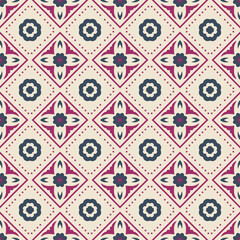 Seamless magenta pink and navy blue square tile pattern background Vintage ornamental geometric floral motif design for rustic wallpaper ceramic tiles and textile print © Natthita