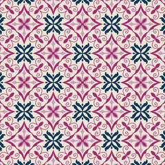 Seamless magenta pink and navy blue floral tile pattern background Vintage ornamental geometric damask motif design for wallpaper ceramic tiles and interior decor © Natthita