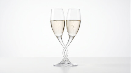 Fototapeta premium 3D illustration of two champagne glasses with twisted stems filled with sparkling wine. Visual metaphor for new year toast, romantic couple unity, wedding celebration, and anniversary.
