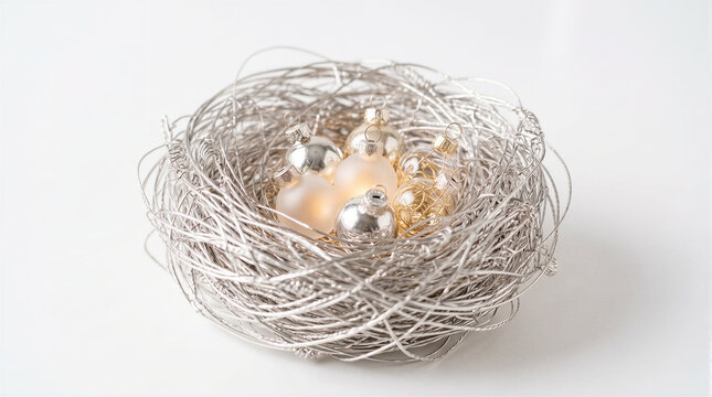 Conceptual 3D illustration of a silver nest filled with golden and glass Christmas ornaments instead of eggs. Visual metaphor for home comfort, family traditions, and new year hope