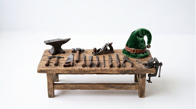 Humorous 3D illustration of a wooden workbench with heavy tools and a green elf hat. Visual metaphor for Santa's workshop, christmas toy manufacturing, holiday preparation, and hard work.