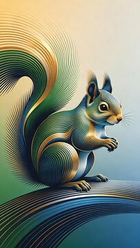 Stylized decorative squirrel artwork with wavy line art green gold and blue color modern graphic animal illustration design