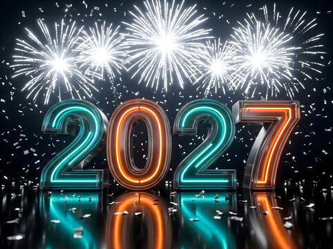 Colorful fireworks display with 2027 celebration text