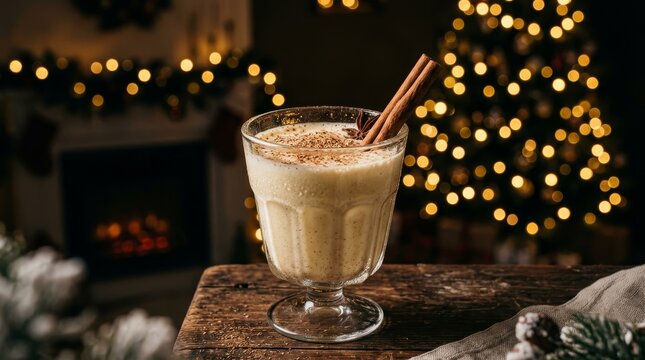 A glass of creamy eggnog stands on a wooden table with festive lights.
