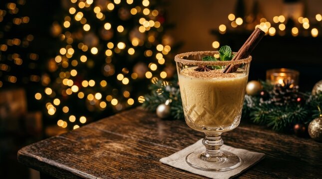 A crystal glass filled with festive drink stands on a wooden table with lights.