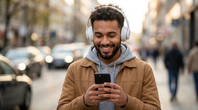 Man wearing headphones smiles while using his smartphone amidst blurred city background cars.