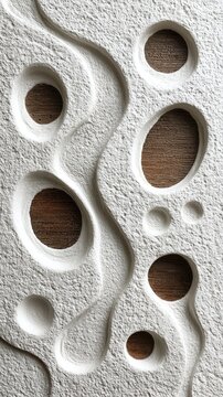 Abstract relief texture with carved circles and undulating lines revealing dark underlay