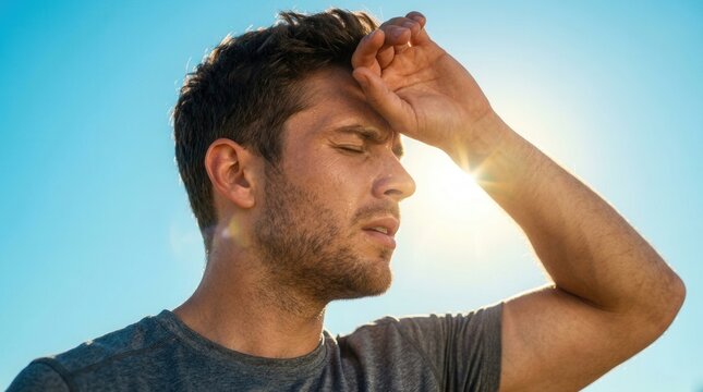 A man experiencing thirst and heat, wiping sweat from his forehead under a bright sun.