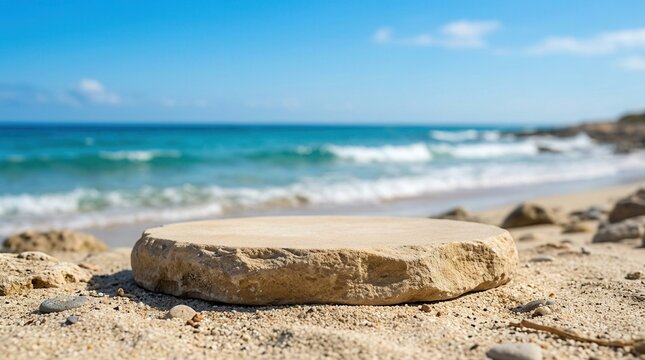 A sandy beach with blue sky and blurred ocean waves, featuring a round stone podium as a natural display stage.