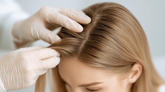 Trichologist examining hair and scalp of a client in a private consultation setting