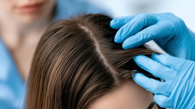 Trichologist examines a client's scalp in a clinical setting focused on hair health