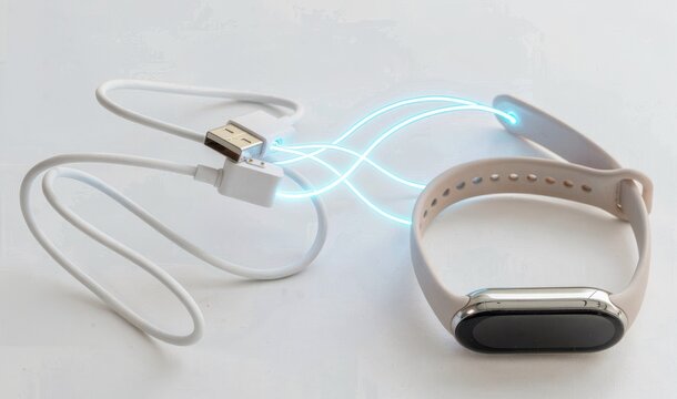 Smart fitness tracker connected with glowing blue charging wires