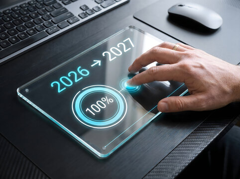 Hand interacting with futuristic tablet showing 2026 progress bar reaching 100 percent in 2027