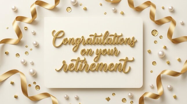 Festive retirement card design with golden glitter Congratulations text, gold confetti, and elegant pearls on a white background.
