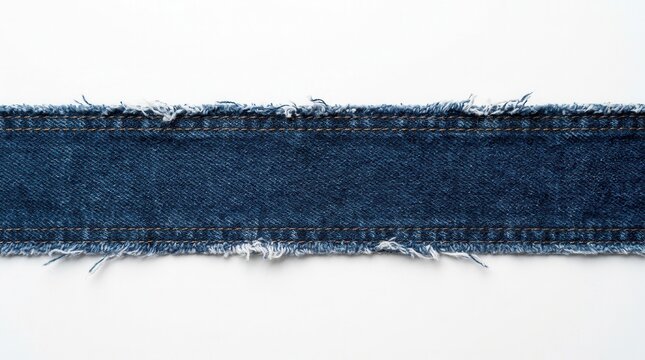 Textile texture of a blue denim fabric strip with raw frayed edges and copy space on white.