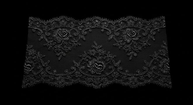 Black lace trim with repeating rose floral patterns set against a deep black studio background area.