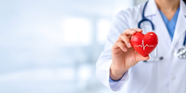 Doctor in white coat holding a red heart model with ecg pulse line in a hospital setting cardiology hospital stethoscope prevention treatment transplant