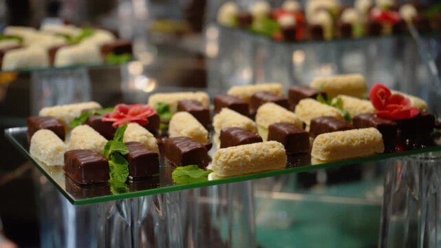 Fruits, cakes, and sweets on a festive banquet table before a business event or other celebration. Sweet drinks for guests.