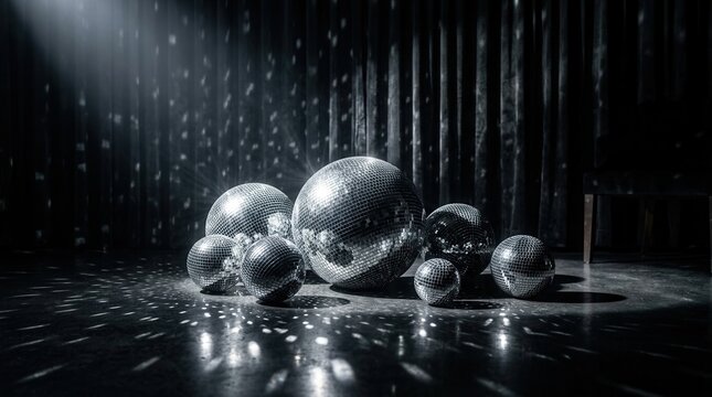 Shiny disco balls reflecting light in a dark room