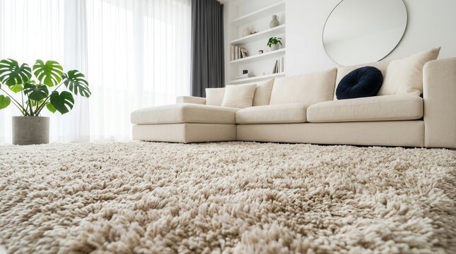 A low angle view of a stylish furniture arrangement and fluffy carpet on an indoor floor.