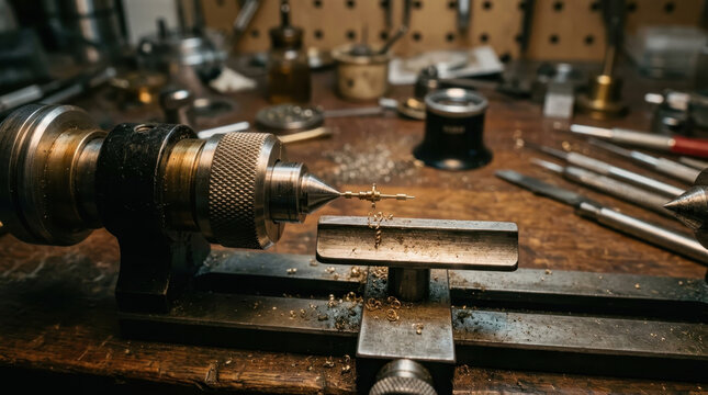 Precision watchmaker lathe tool working on micro metal gear in workshop