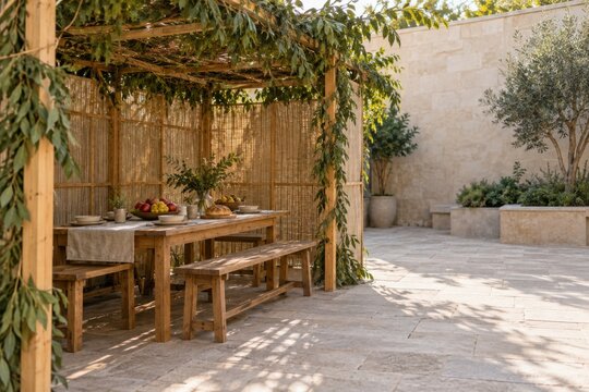 Simple outdoor sukkah built with natural branches and a modest harvest table of whole fruit and bread during hospitality readiness in urban Jewish cultural center courtyard