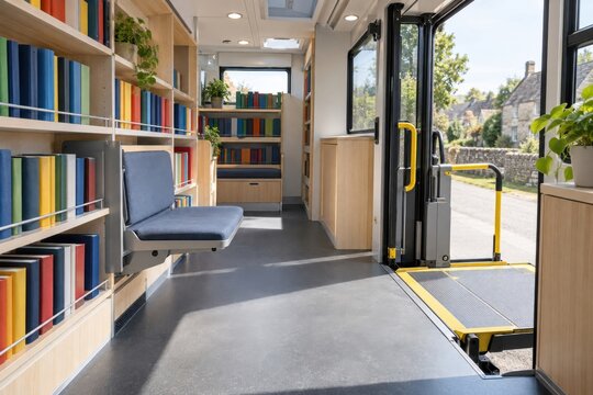 Welcoming bookmobile interior with low shelves, fold-down reading seat and step-free side lift platform during service readiness in modern unbranded rural library vehicle