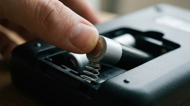Person inserting alkaline battery into electronic device compartment