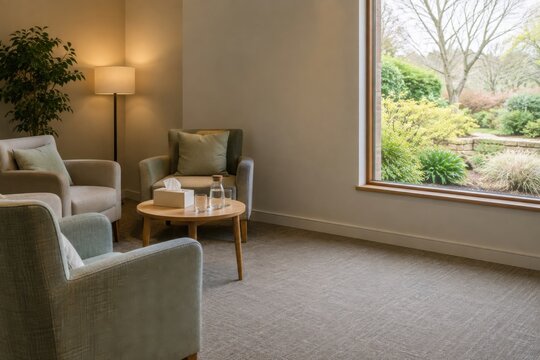 Quiet private reflection room with soft seating, tissue box, water carafe and garden window during support readiness in modern community hospice