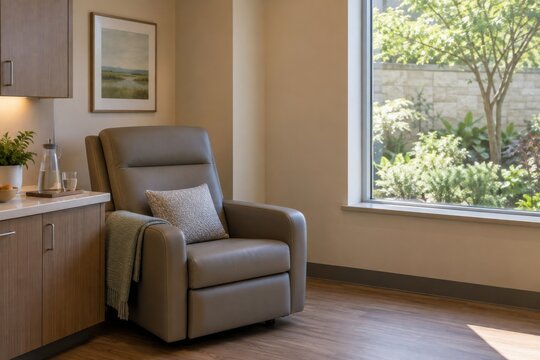Quiet hospital respite suite with supportive recliner, small refreshment counter and private garden window during rest readiness in modern community hospital support wing