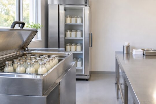 Clean pasteurization room with sealed unlabeled glass bottles in stainless water-bath equipment and dedicated cold storage during care readiness in regional nonprofit human milk bank