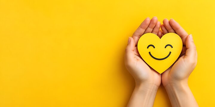 Human hands holding a smiling yellow heart symbol against a yellow background with background happiness kindness compassion cheerful optimism positive