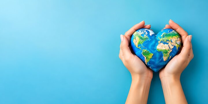 Human hands holding a paper globe shaped like a heart against a blue background with background environment environmental conservation sustainability