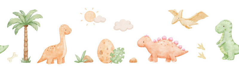 Cute baby dinosaurs seamless border. Watercolour repeating nursery banner with t-rex and egg for kids. Colorful isolated illustrations © Elena