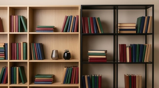 Shelves in a home library with a wide collection of different books