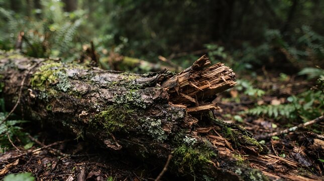 Moss covered fallen log on the forest floor.