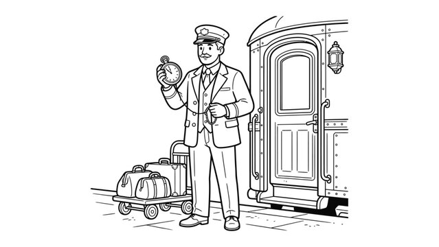 Train Conductor with Luggage: A smiling train conductor, dressed in uniform and cap, holds a pocket watch and stands beside a vintage train carriage with luggage trolley ready for departure.