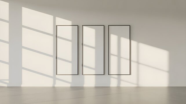 Three vertical blank frames hanging on a minimalist wall with dramatic window light shadows