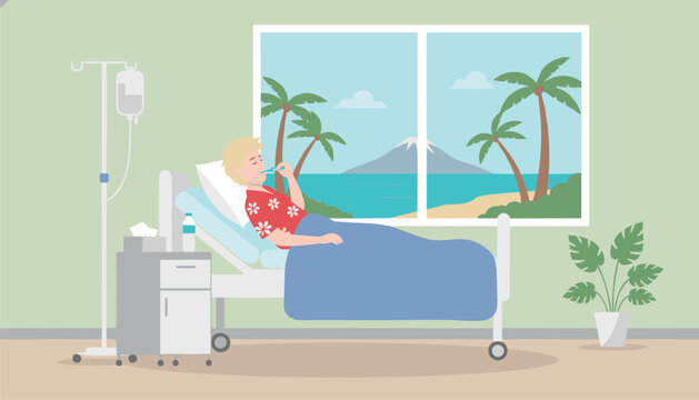 Patient resting in a hospital bed checks their temperature with a thermometer while looking out at a scenic beach view.