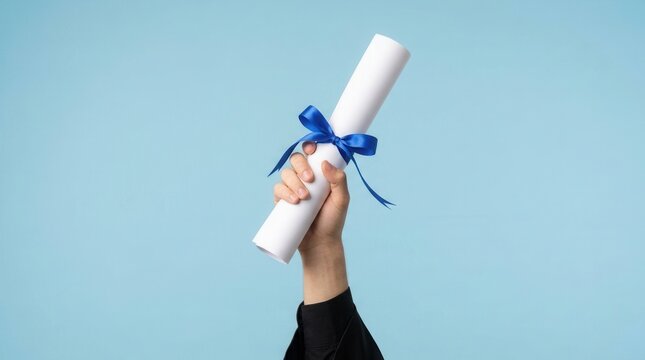 Light blue background with a closeup of a student holding a rolled diploma and ribbon